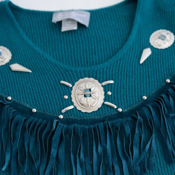 Vintage Cover Charge Teal Western Fringe Cowgirl Long Sleeve Shirt L - Picture 13 of 13